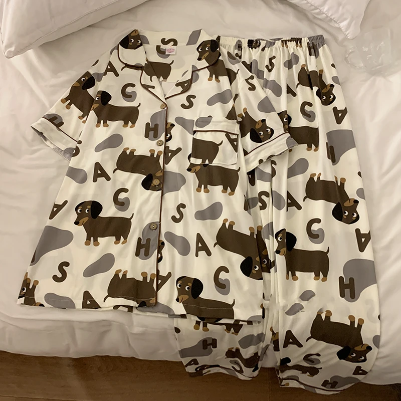 Women Pajamas Set Cotton Pajamas Set Spring Summer Cute Women's Pajamas Set Dachshund Print Two Pieces Short Sleeve Tops Full Length Pants Sleepwear 3991