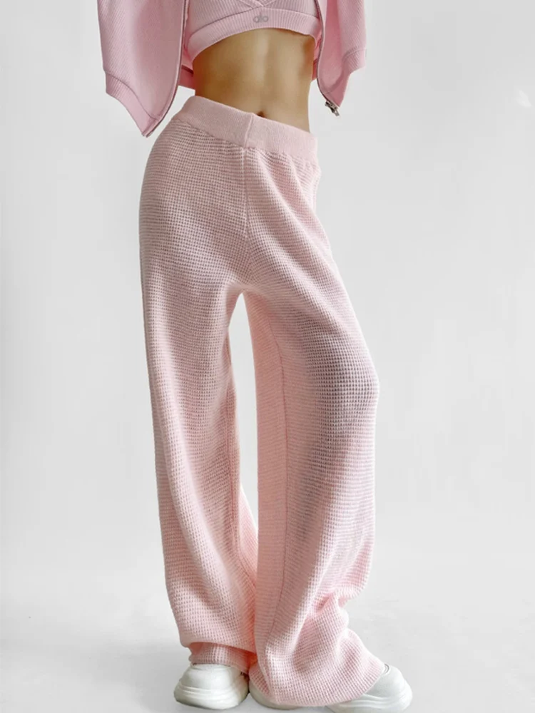 Women's Casual Knitted Set High Waist Long Pants Loose Long Sve Top Spring Summer Outfit Relaxing Plaid Ensemble - 5