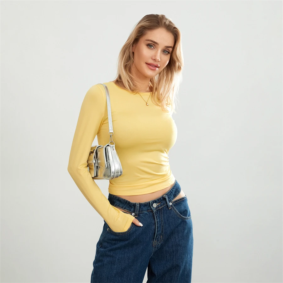 Camisetas básicas de Color liso para mujer, camisetas informales de manga larga, jerséis ajustados para otoño y primaver