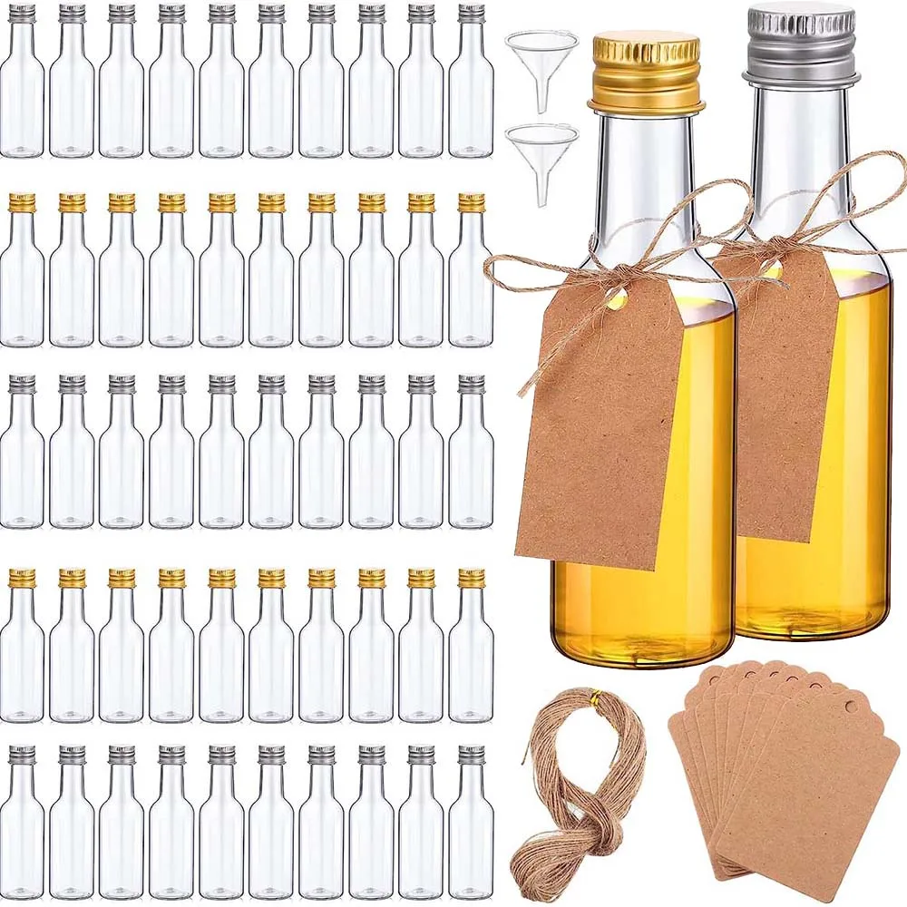 Mini Liquor Bottles Set 1.7oz Plastic Spirit Bottles Silver/ Gold Caps Alcohol Shot Bottles with Funnels Kraft Tags Rope