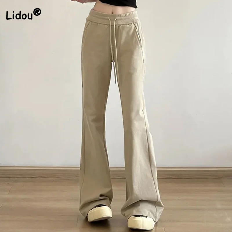 Spring Autumn New Cool Silk Cotton Micro Flare Pants Drawstring Elastic Low Waist Solid Color Slim Lady Wide Leg Trousers Trend