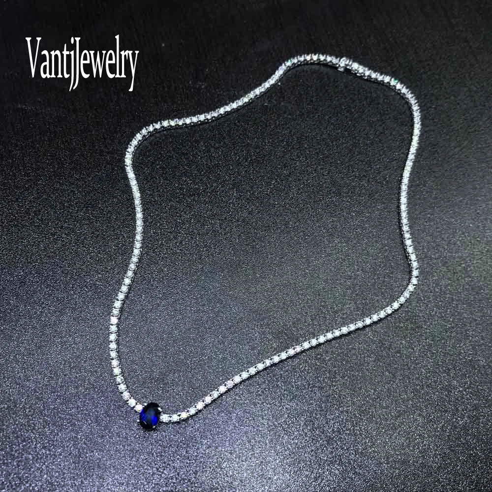 

Real 925 Sterling Silver Tennis Chain 18 Inch Choker Necklace Pave 2mm Zircon Sapphire for Women Man Sparking Jewelry Gift