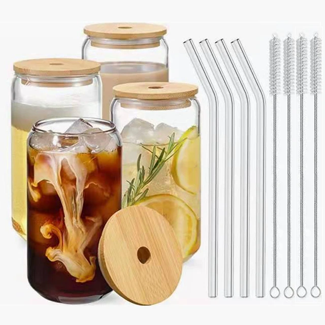 Straw Cup Glasses with Bamboo Lids and Glass Straw Reusable Drinking Glasses  Can Shaped Glass Cups