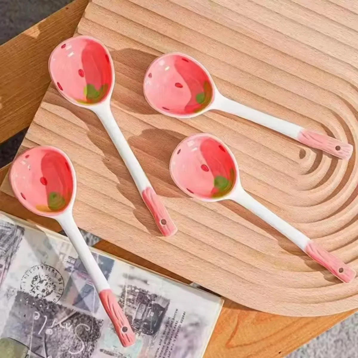 Ceramic Strawberry Soup Spoon with Long Handle for Kitchen Tableware