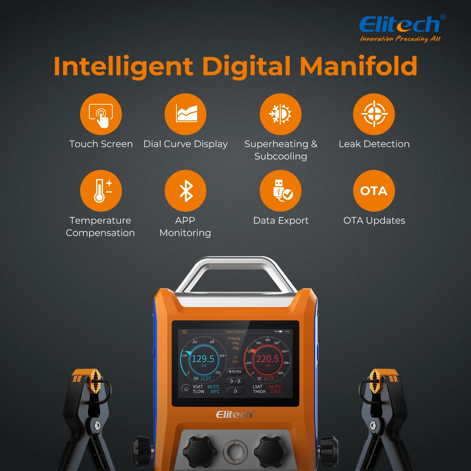 Elitech EMG-40V Intelligent 4 Valves Digital Manifold Kit with 5” Smart Touch Screen HVAC Gauge with Bluetooth