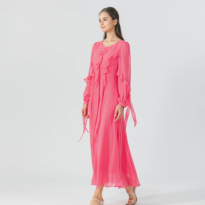 

Peach Pink Double Layer Georgette Silk O-neck Lantern Long Sleeves Dress Ruffles Sweet Maxi Dresses for Women Autumn AE1718