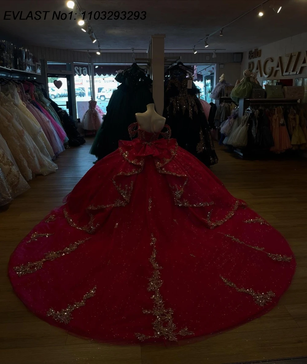 EVLAST Glitter Red Ball Gown Quinceanera Dress Gold Applique Beading Birthday Sweet 16 Vestidos De 15 Anos E1Q646
