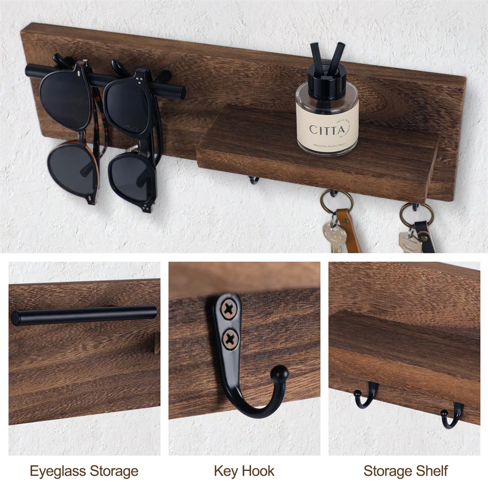 Wood Key Holder for Wall Decorative Entryway Shelf with Hooks Holds Keys Dog Leash Sunglasses Key Hanger with 3 Hooks Organizes 6