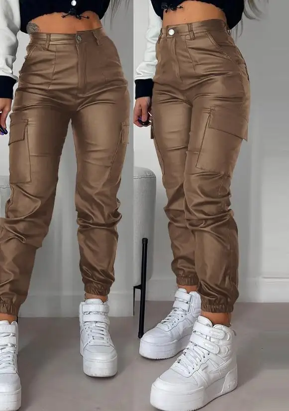 Women's Cargo Pants 2023 Fashion Street Trends Pocket Design Cuffed Y2k Tight PU Leather Trousers Autumn High Waist Pant Female