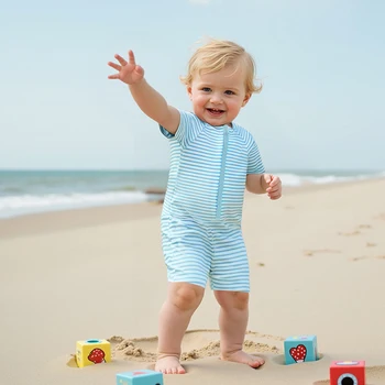 Pudcoco Rash Guard per neonato, costume da bagno estivo con chiusura a cerniera a righe a maniche corte 0-3T 1