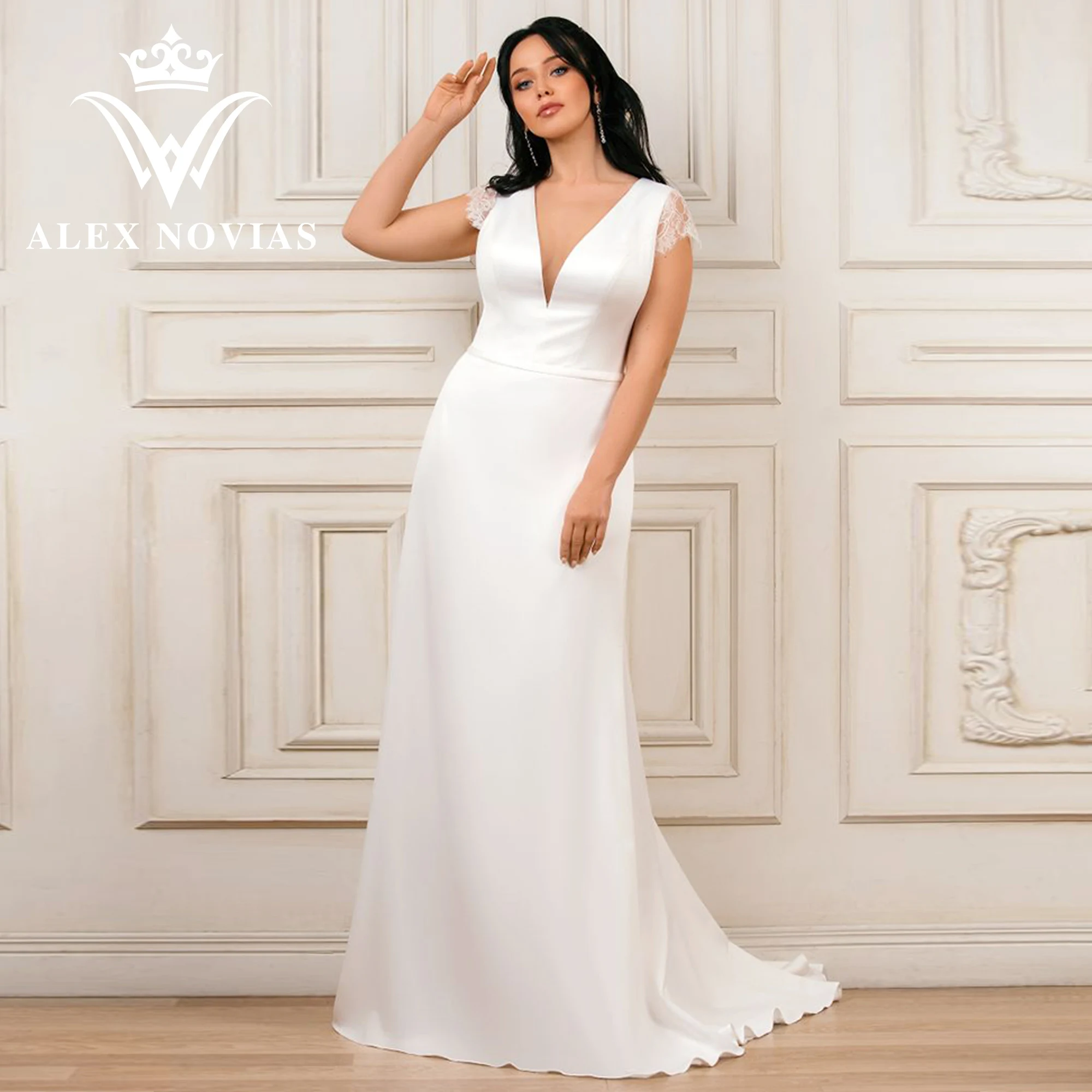 

Свадебное платье-трапеция ALEX NOVIAS, атласное платье с V-образным вырезом, открытой спиной и аппликацией, Новое поступление 2023