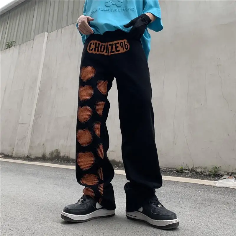 High Street Casual Heart Graffiti Black Letter Male Trousers New Loose Hip Hop Clothing Printing All-match Man Straight Pants new goth pants graffiti smiling face print baggy jeans women straight loose american couples street y2k high waist slouchy jeans