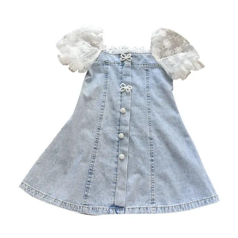 Girls Dress Children Girls Beads Lace Sleeve Denim Dress Toddler Summer Dress