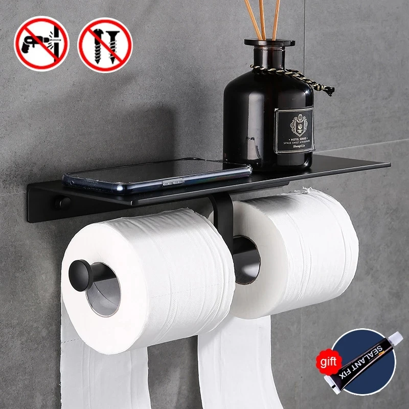 

Black Paint Double Paper Holder Wall Mounted Bathroom Accessories Phone Rack Toilet Shelf Space Aluminum Material