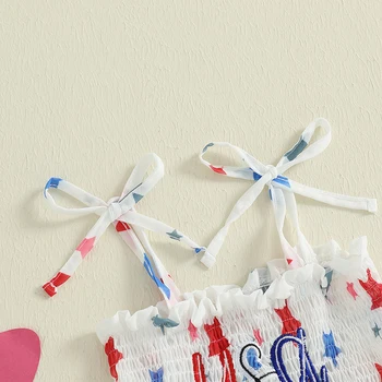 Adorable Baby Girls American Flag Dress Sleeveless Star Print Patriotic Dress with Tie-up Straps and Embroidered Letters for 4