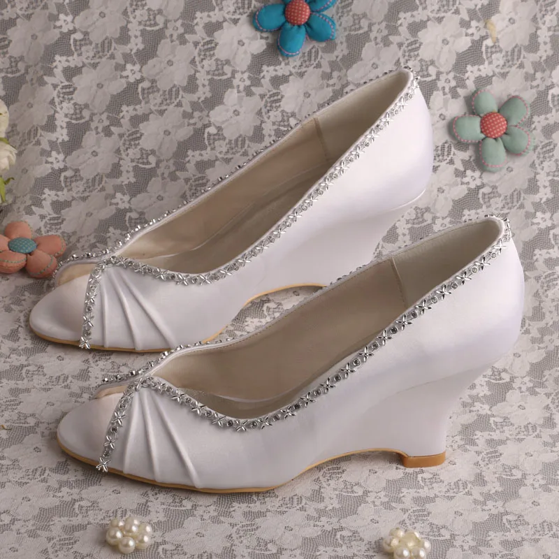 

Wedopus Custom Handmade Peep Toe Wedge Heels White Satin Bride Shoes for Wedding Women