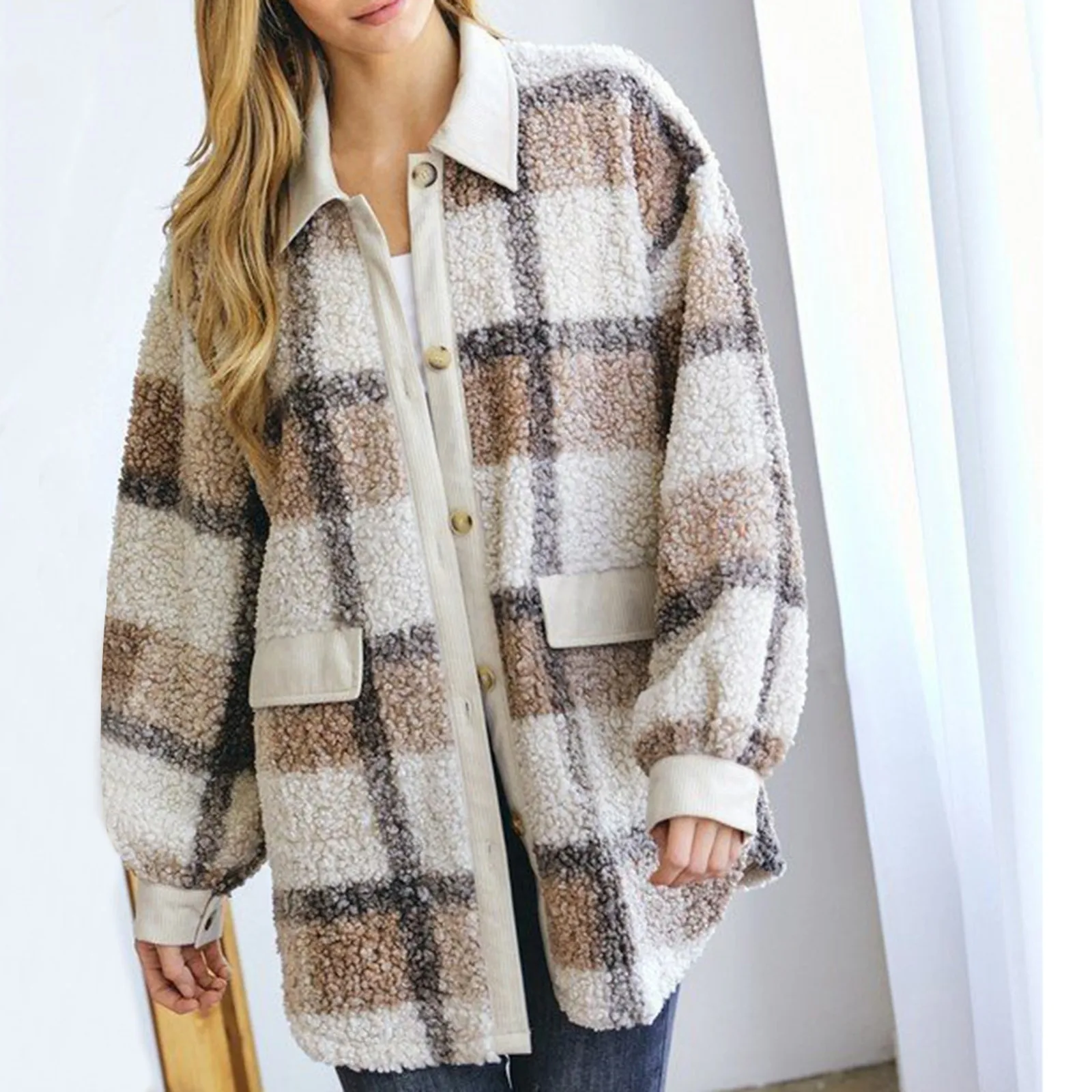 

Winter Fuzzy Jacket Women Elegant Plaid Print Fleece Jackets Fashion Lapel Collar Button Loose Coats Casual Long Sleeve Outwear