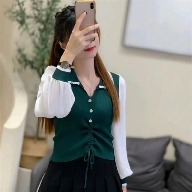 

Summer Woman Style High Collar Slim Knitted Stitching Long-sleeved Shirt Female Solid Color Fashion Elegant Blouse Tops G584