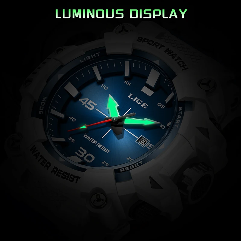 LIGE Luxury Men's Quartz Wristwatch Fashion Blue Silicone Waterproof Big Dial Watch Men Military Sports Luminous Watches For Men