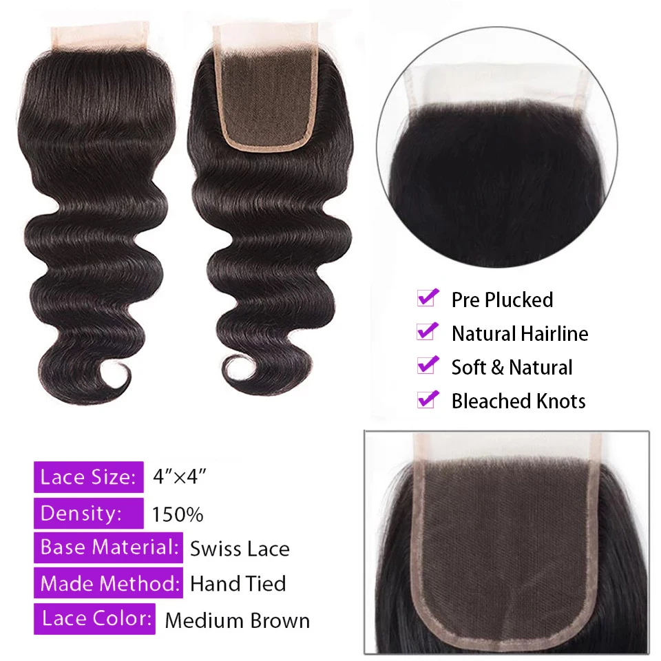 Body Wave Human Hair Bundles With Closure Brazilian Hair Weave 100% Remy Human Hair Weave Bundle With Frontal Hair Extension