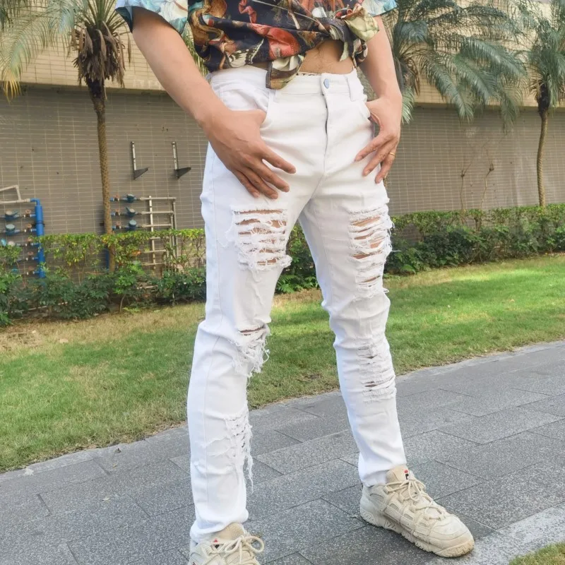 Designer White Ripped Jeans Male Men's Denim Jeans Hole Ruined