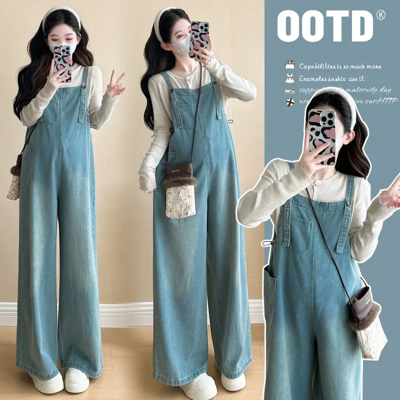Spring Fashionable Maternity Dress Set with Denim Overalls Two-Piece Suit for Pregnant Women Comfortable Casual Wear
