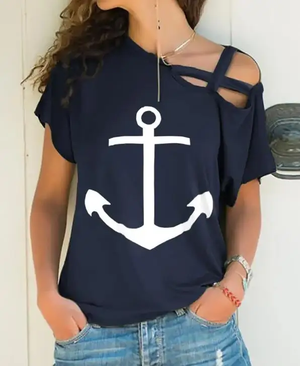 

Womens Baggy T-Shirts X-Strap Cold Shoulder Boat Anchor Print T-Shirt Woman Summer New Fashion Casual Short Sleeve T-Shirt 2022