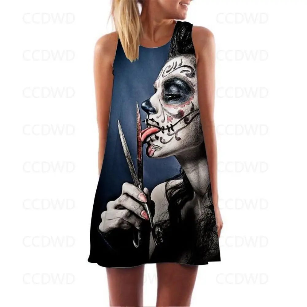 

Print Y2k Goth Girl Beach Dress Slip Summer Dresses Woman 2022 Evil Boho Sleeveless Vintage Halloween Women's Sundresses Fashion