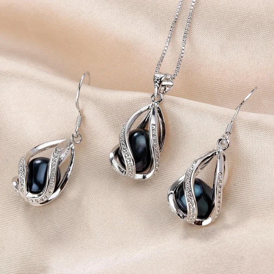 100% Natural Freshwater Pearl Jewelry Sets For Women Fashion 925 Sterling Silver Earrings+Pendant Wedding Jewelry With Box 5