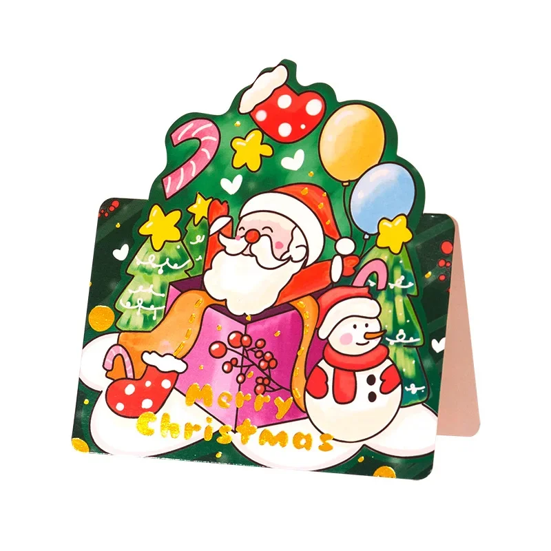 16pcs Cute Merry Christmas 3D Bronzing Paper Greeting Card Santa Claus Foldable Invitation Card for Christmas Theme Party Decor