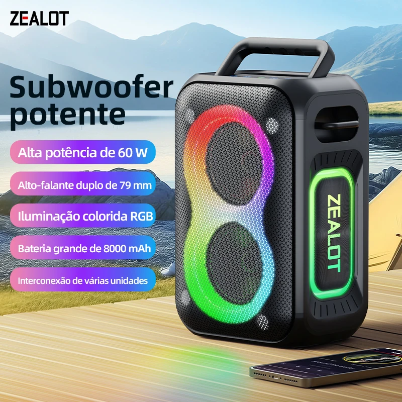 Caixas de Som Bluetooth ZEALOT-PT02 60W com Graves Aprimorados, Portátil, Sem Fio, para Uso Externo, 12 Horas de Duração, IPX6 à Prova D'água, Bluetooth 5.4
