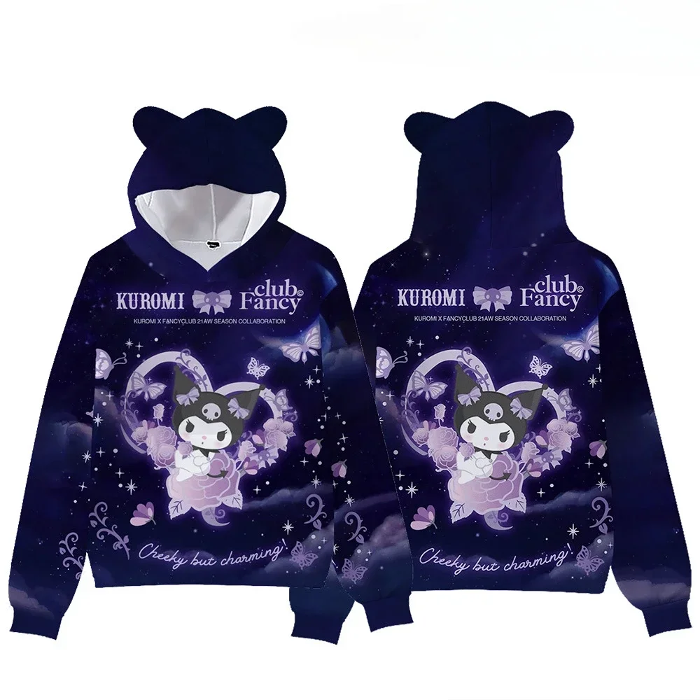 

MINISO HOT Boys Girls Anime Kawaii Cartoon Kuromi Cat Ear Pullover Hooded Sweatshirt for Adults and Children Children's Gifts