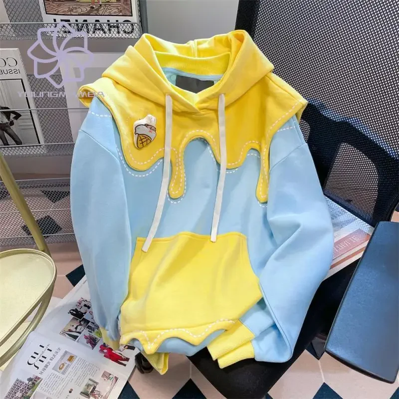 

Cute Patchwork Color Contrast Hooded Sweatshirts for Women Korean Fashion Oversized Tops Female Chic Hoodies