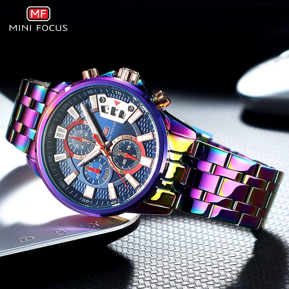 MINI FOCUS Motley Watches for Men Fashion Sport Chronograph Quartz Wristwatch with Date Luminous Hands Stainless Steel Strap Man 3