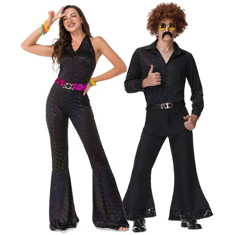 

Couples Hippie Costumes Male Women Carnival Halloween Party Vintage 1970s Disco Clothing Suit Rock Hippies Cosplay Outfits