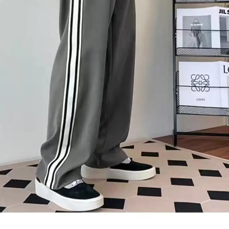 American street men and women trendy retro striped patchwork straight casual pants for spring and autumn loose wide leg pants