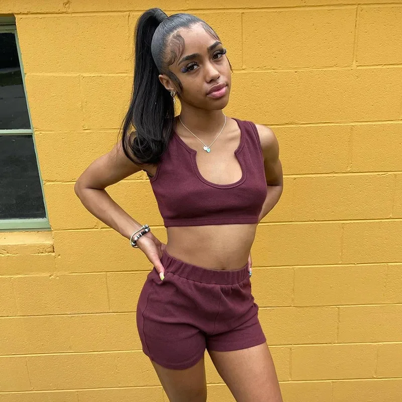 Women U-Neck Sleeveless Vest Solid Color High Waist Slim Shorts Two Piece Set Wine Red Streetwear Summer Casual Sport Shorts Set