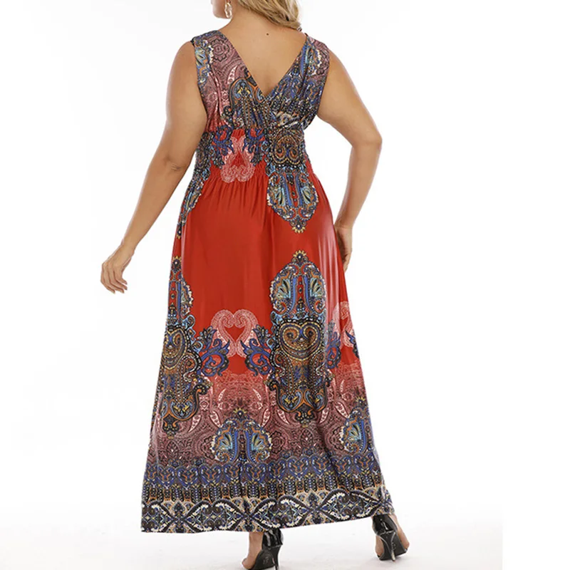 Bohemian Plus Size Women's Clothing Deep V-Neck Multi-element Printing Sleeveless Summer Ice Silk Loose Elastic Waist Long Dress