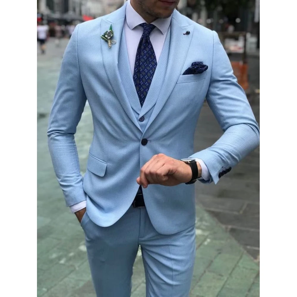 

Sky Blue Blazer Smart Csaual Designs Peaked Lapel Single Breasted 3 Piece Jacket Pants Vest Slim Fit High Quality Daily Outfits