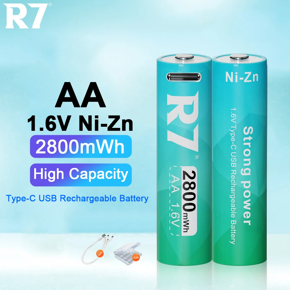 

R7 2800mWh 1.6V Ni-Zn AA Rechargeable Batteries USB AA NIZN Battery with Gift Type-C Cable