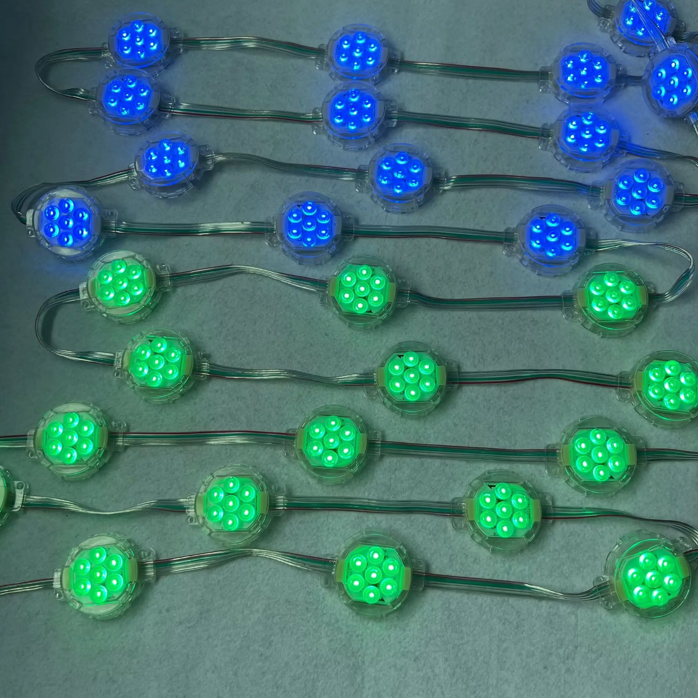 30pcs/string 50mm diameter;DC24V;addressable;with backup signal line;rgb full color;IP68;GS8206 pixel module;7pcs 5050 led;