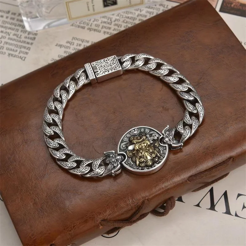 

S925 Retro Silver Men's Domineering Charm Bracelet, Personalized Fashion Boutique Jewelry, Grand Lion Bite Sword Width 10mm