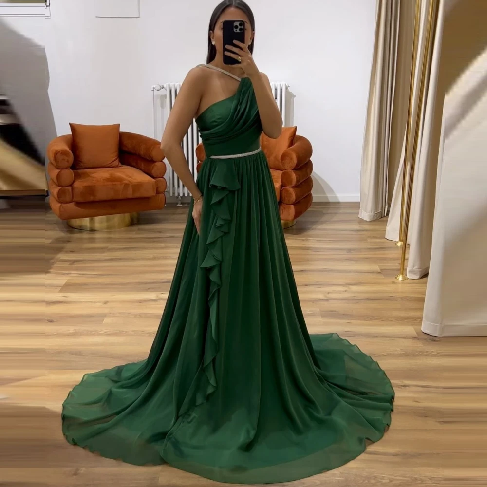 

Qcenkern Sexy Strapless Evening Formal Saudi Arabia Sleeveless Green Chiffon Party Dresses Gowns Women Robes de Soirée 2023