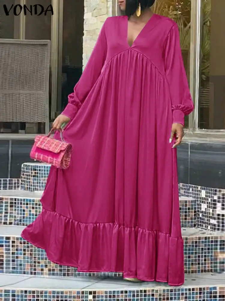 

VONDA Women Maxi Long Dress 2023 Sexy V Neck Party Sundress Fashion Autumn Long Sleeve Dress Loose Vestidos Casual Robe Femme