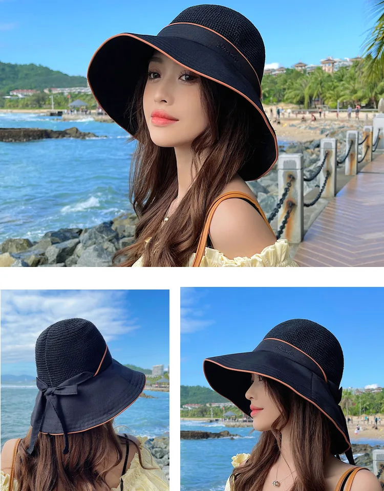 Summer Women Bow Bucket Hat Wide Brim Floppy Sun Hats Foldable Anti-UV Beach Solid Color Net Mesh Top Sun Sunscreen Cap Bonnet ladies bucket hat