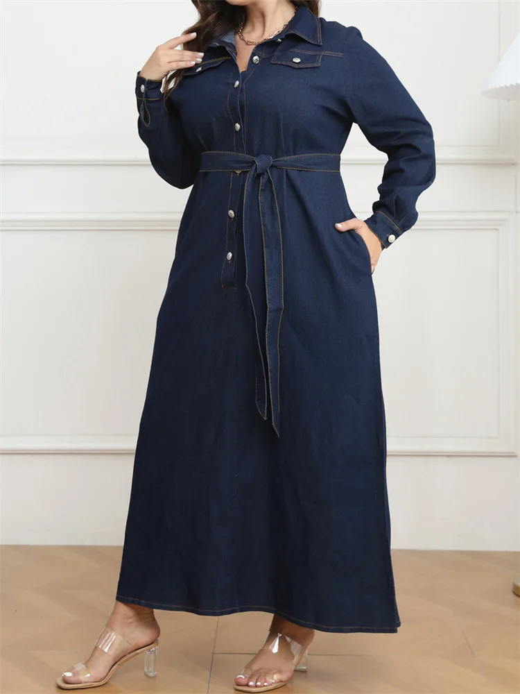 Wmstar Plus Size Denim Dresses for Women Button Solid Long Fashion Elegant Maxi Dress Fall Winter Clothes Wholesale Dropshipping