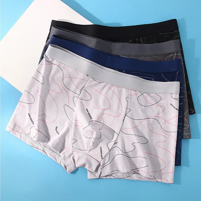 Boxers Man Line Print Underpants U Convex Panties Comfortable Shorts Cotton Mens Solid Undeewear Breathable Brief 4XL Lingerie