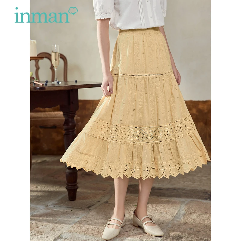 INMAN Women Skirt 2023 Summer Elastic Waist A-shaped Loose Hollow Lace Embroidered Retro Artistic Beige Yellow Mid-length Skirt walnut restaurant chandelier artistic personality cloak french american retro misty style mid ancient bar table lamps