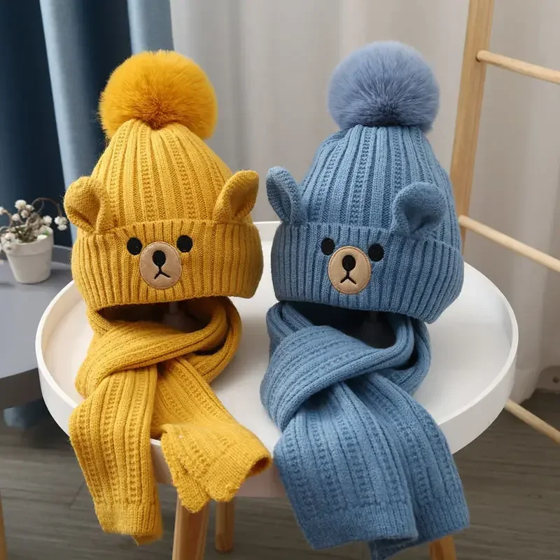 

Newsboy Caps Scarfs Hat Set for Toddler Cute Animals Bear for Kids Boy Girl Crochet Bonnet Hat Scarfs Set Winter European