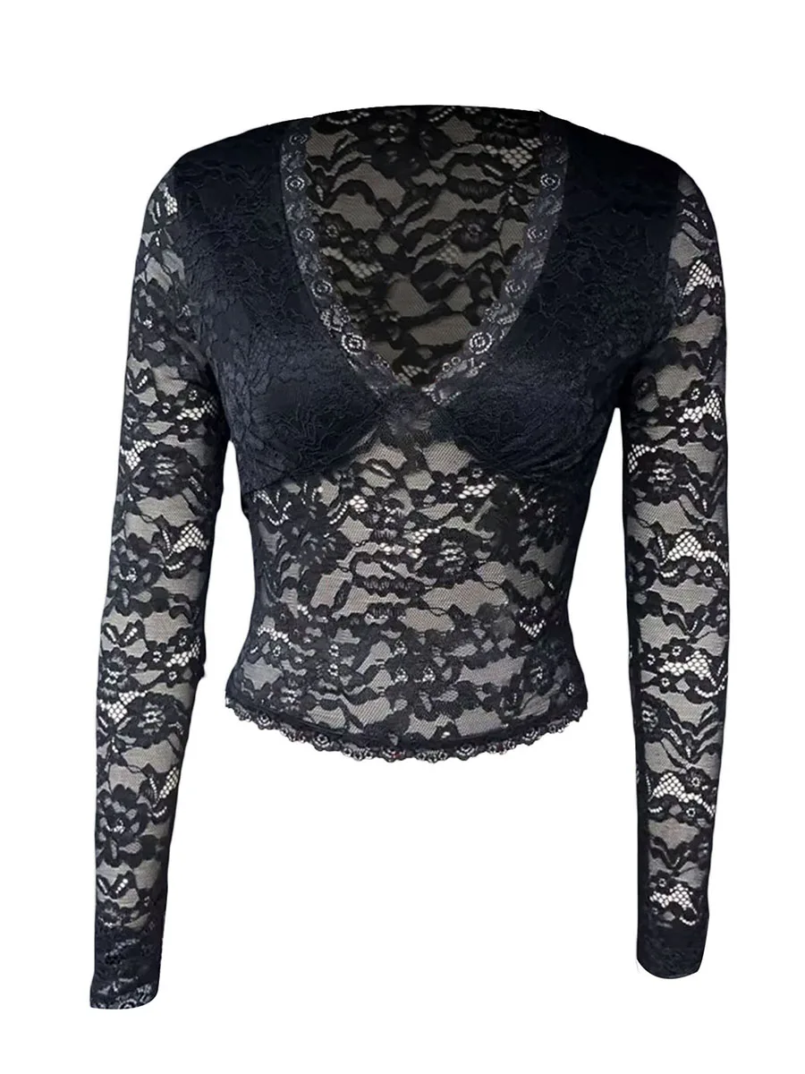 

Women Lace Tops Long Sleeve Sexy V Neck Slim Fitted Shirt See Through Mesh Crop Top Streetwear